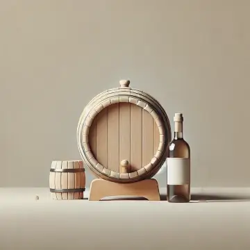 Eikefat og vinflaske som del av vinutstyr for produksjon og lagring av hjemmelaget vin.
