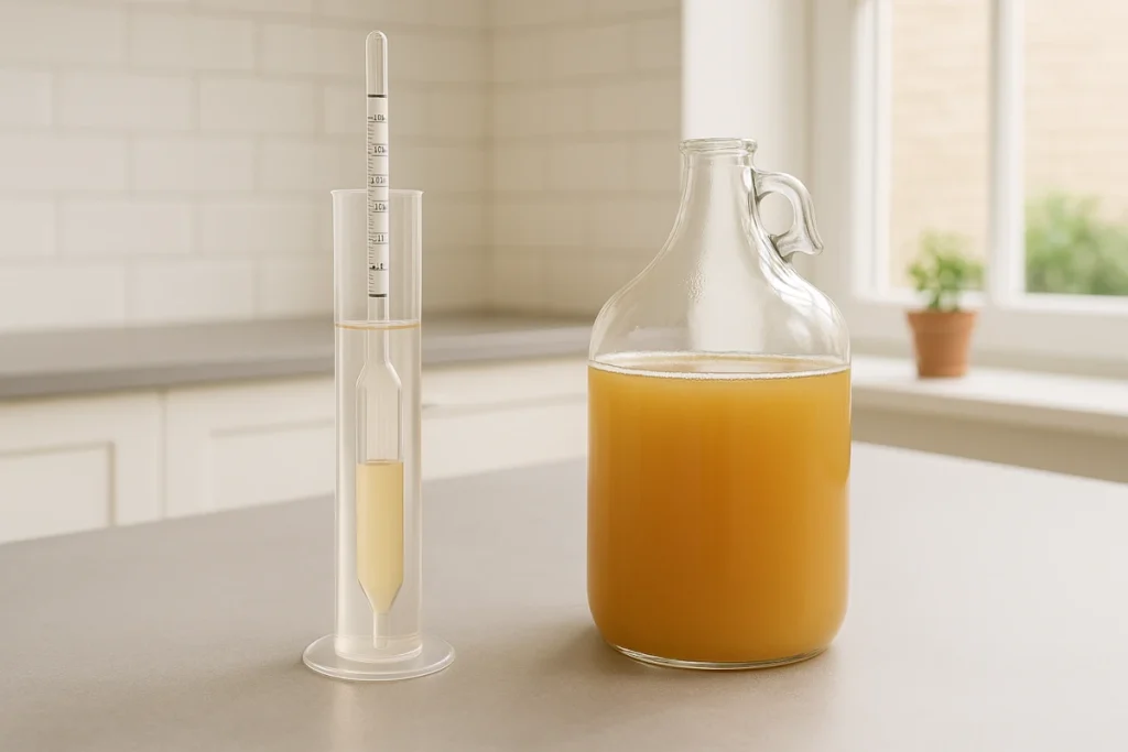 hydrometer i most for å måle sukker og beregne alkoholprosent.