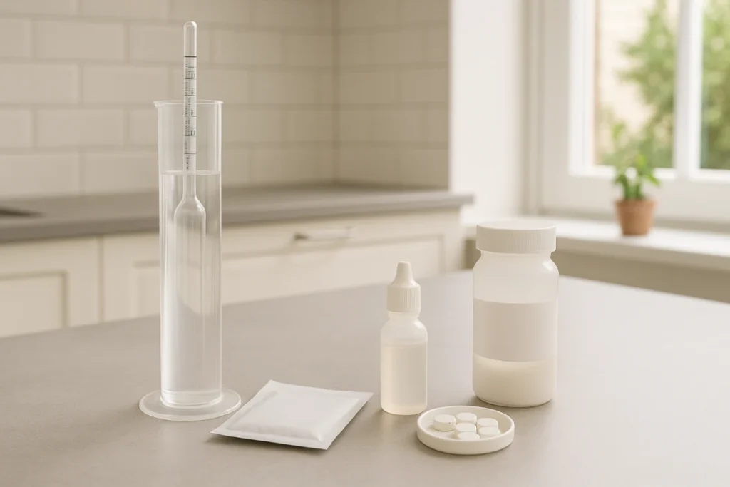 vinlegging ingredienser – hydrometer, vingjær, pektinenzym, sulfitt og syre klart på benk